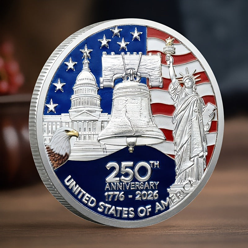 12pcs 2026 American Independence 250th Anniversary Medal Set | 1776-2026 Reissue Coins with Plastic Case and Eagle Challenge Coin Badge, Golden Iron Coins