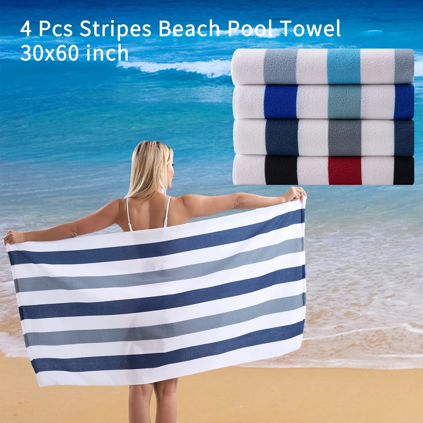 4 Piece Sand Free Stripe Beach Towel Set Quick Dry Pool Towel Swimming Bath Towel Ultra Soft Highly Absorbent Lightweight Towel For Adults Men Women Multi Purpose Towel Blanket For Bathroom Yoga Sports Travel Camping