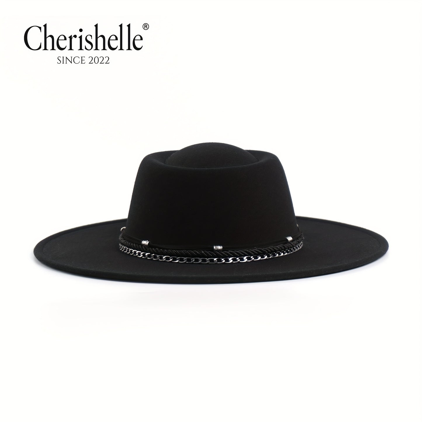 Fashionable Wide-Brim Women's Fedora Hat with Silvery Chain, Dome-Topped Felt Hat, 9.5cm Wide Brim Punk Rock Style Jazz Hat, Thickened Stylish Top Hat