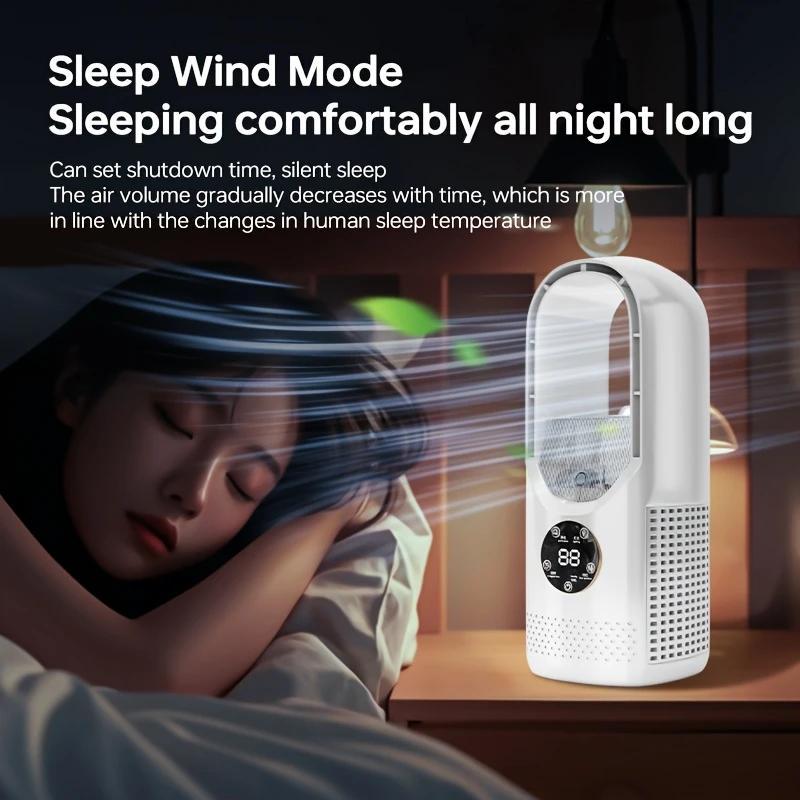 No Leaf Fan Efficient Spray Cooling Machine Three in One Office Desktop Fan USB Powered Air Cooler with Night Light Humidification Function 6 Wind Speeds Timing Function Home Dormitory Camping Mini Personal Air Conditioner