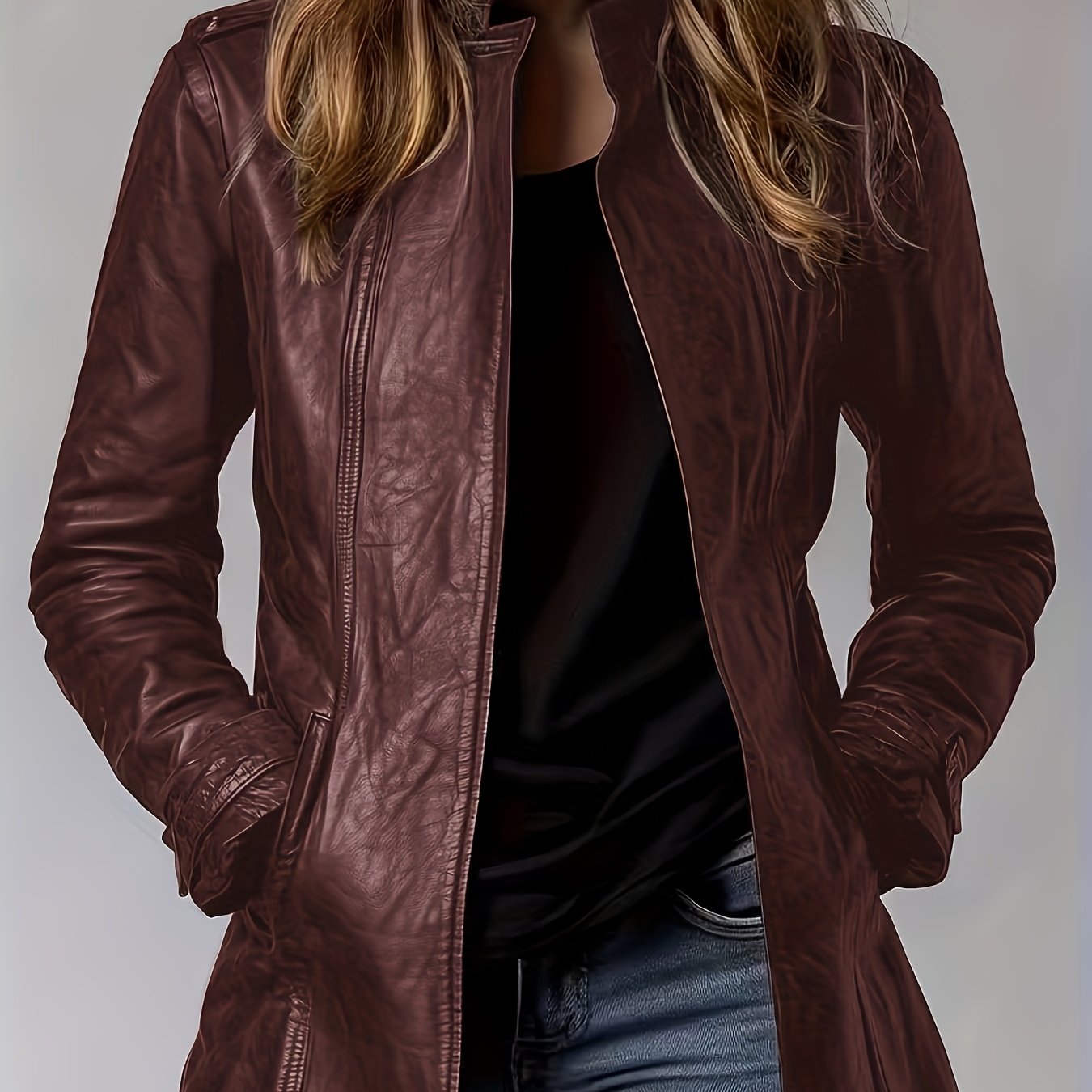 PU Spring, Summer, And Autumn Washable Casual Pocket Loose Mid-length Cardigan Jacket, Retro Motorcycle Jacket Long-sleeve Outerwear, 3D Effect, Stand Collar Design for Women's Long-sleeve Cardigan