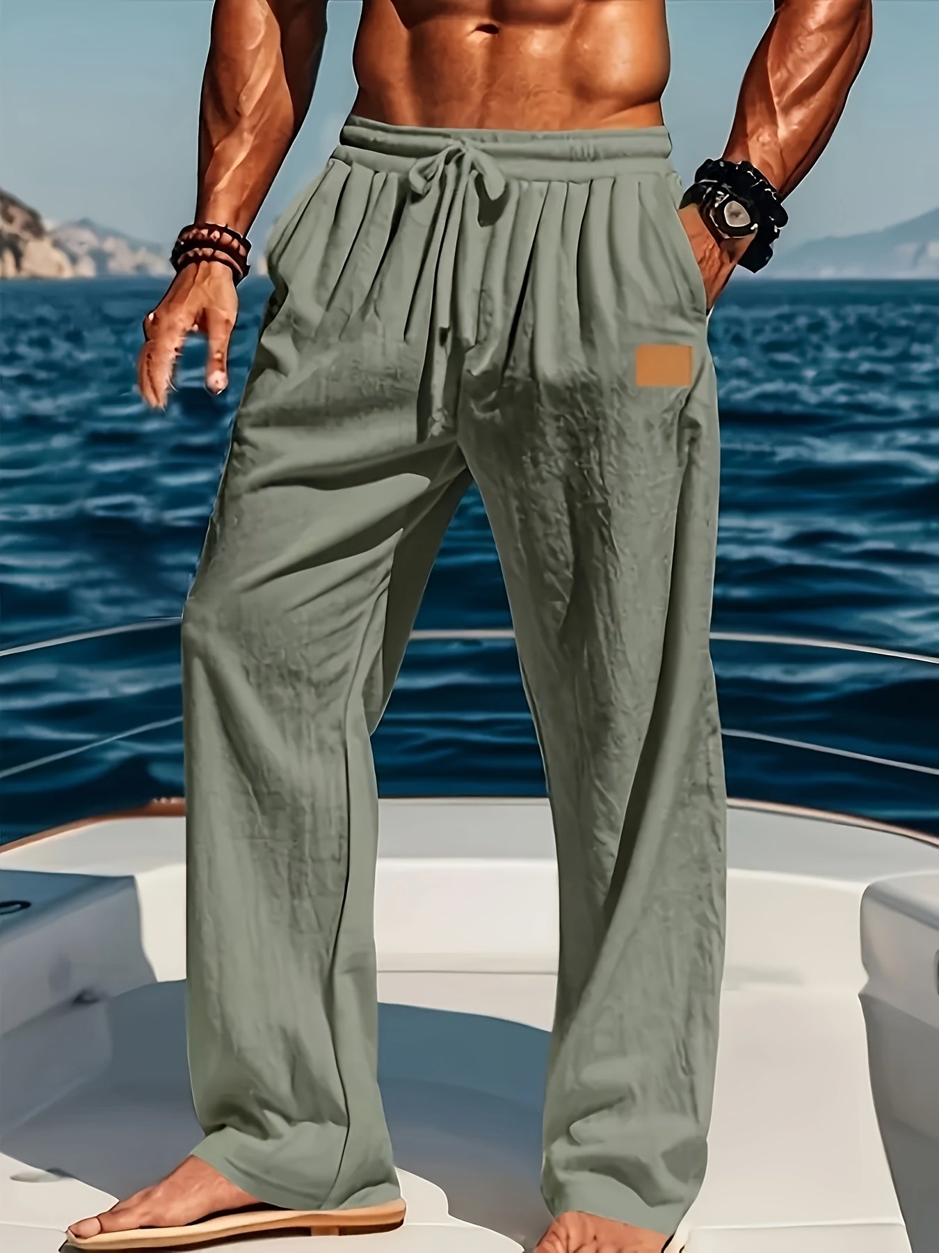 Men's Lightweight Cotton Beach Pants Quick Dry Loose Fit Casual Trousers with Adjustable Zipper Waistband Side Pockets Breathable Straight Leg Pants for Swimming Travel Everyday Summer Wear Machine Washable