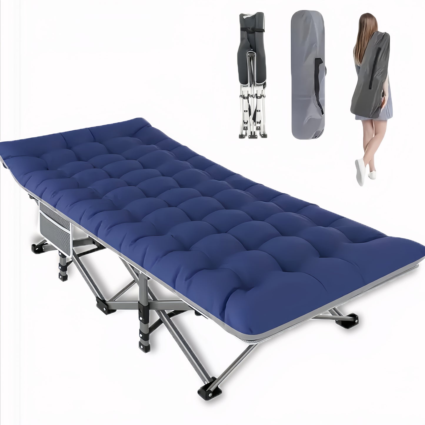 Portable Folding Camping Bed for Adults Lightweight Compact Outdoor Bed with Padded Carry Case Durable Iron Frame and Plush Navy Blue Fabric for Home Office Beach Travel and Outdoor Camping Bed