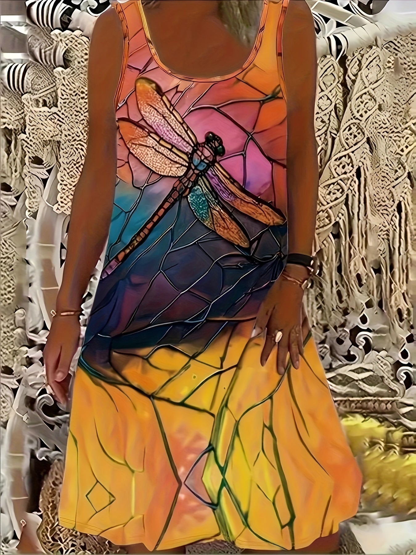 Large Fashion Bamboo Dragonfly Design Dress for Women