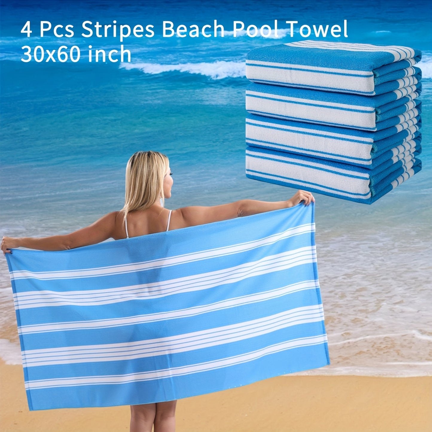 4 Piece Sand Free Stripe Beach Towel Set Quick Dry Pool Towel Swimming Bath Towel Ultra Soft Highly Absorbent Lightweight Towel For Adults Men Women Multi Purpose Towel Blanket For Bathroom Yoga Sports Travel Camping