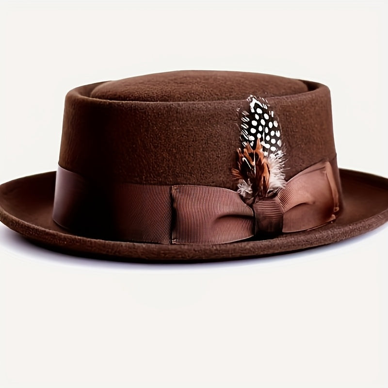 Adjustable Wool Pork Pie Hat with Blue Feather Accent