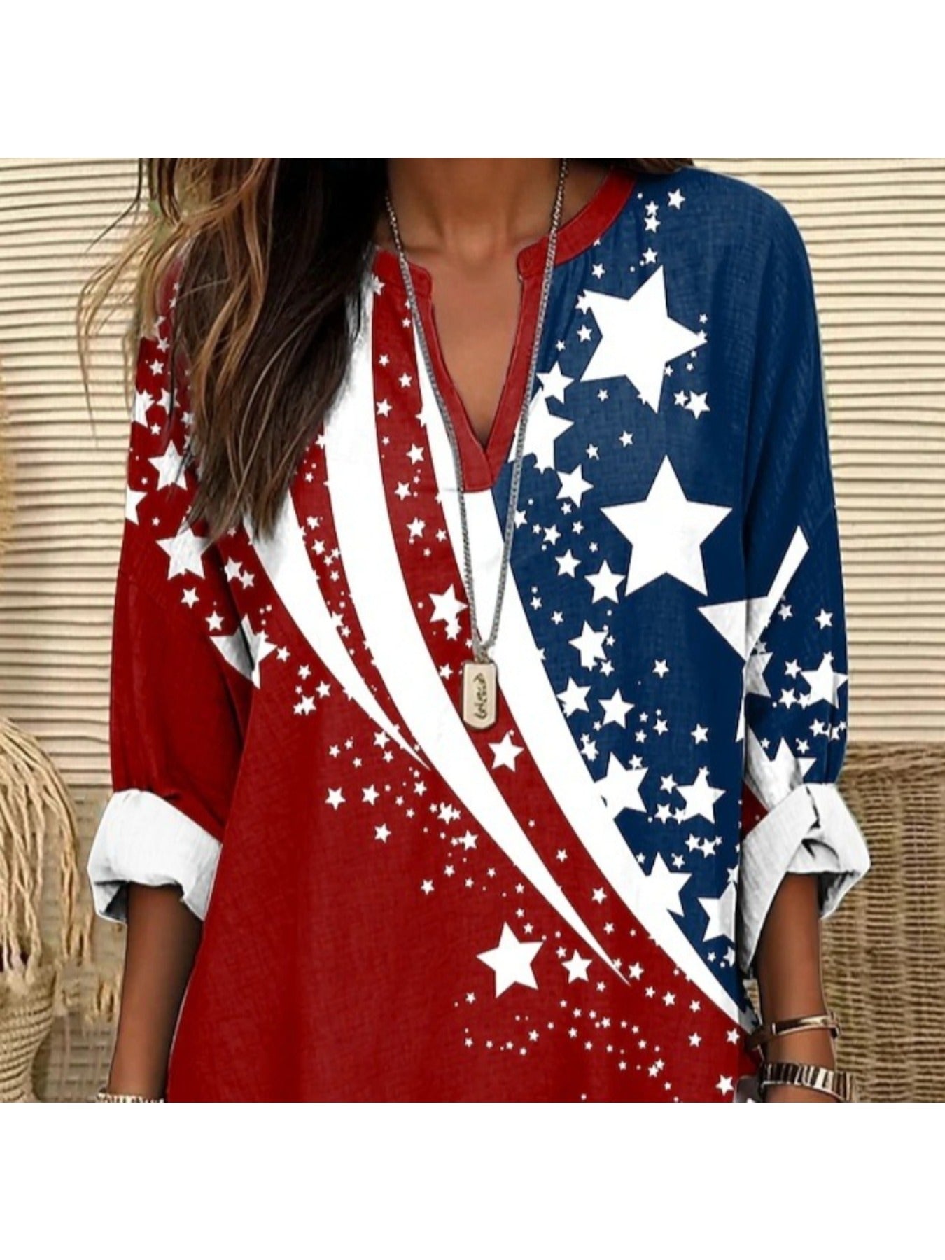 Women's Red White & Blue National Flag Print V-Neck Long Sleeve Shirt - Casual - Blouse, Machine Washable Top for 4th of, Outdoor Events & Casual Attire - Non- Apparel in RWD Color Palette (No Further