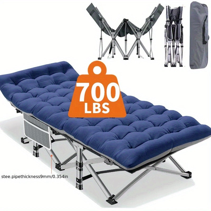 Portable Folding Camping Bed for Adults Lightweight Compact Outdoor Bed with Padded Carry Case Durable Iron Frame and Plush Navy Blue Fabric for Home Office Beach Travel and Outdoor Camping Bed