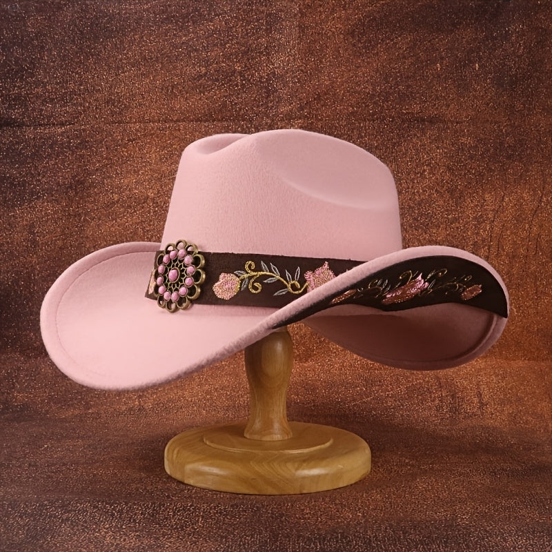 1pc Pink Floral Embroidered Hat | Ladies' British Soft Felt Cowboy Hat with Turquoise and Embroidered Belt, Ideal for Weddings, Holidays, and Parties.