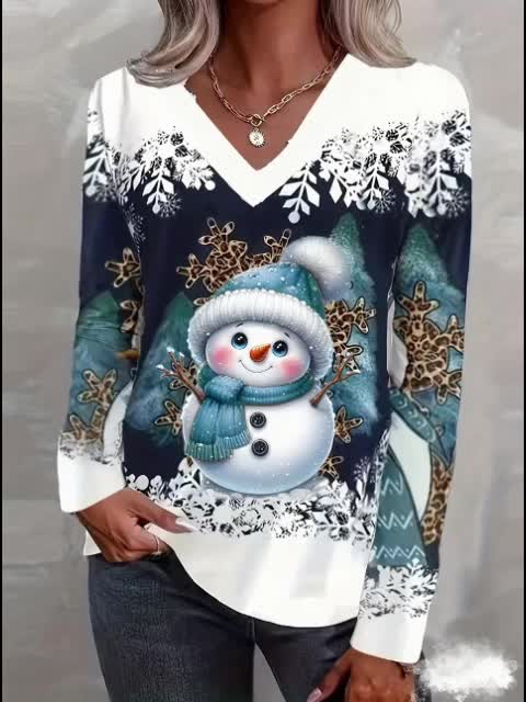 Womens Christmas Snowman 3D Print Long Sleeve Stretch Blend Shirt
