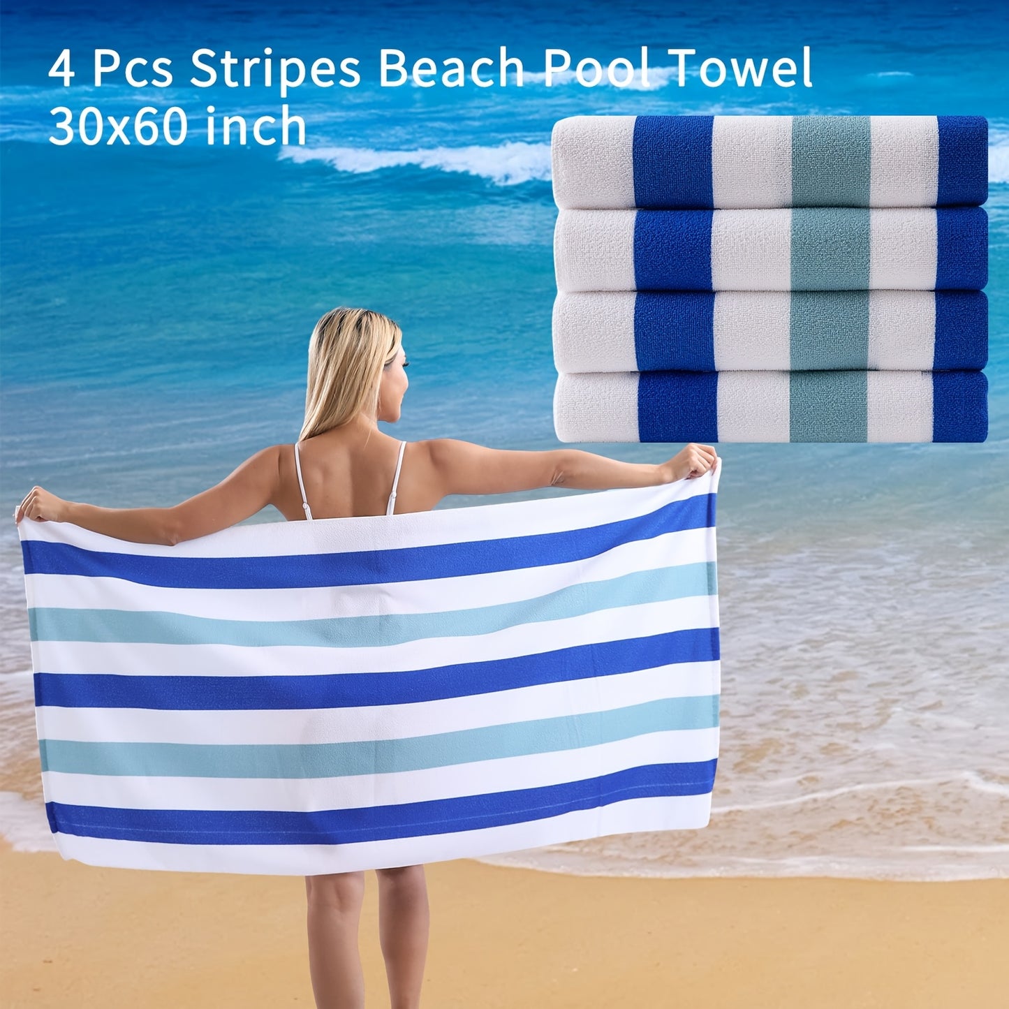 4 Piece Sand Free Stripe Beach Towel Set Quick Dry Pool Towel Swimming Bath Towel Ultra Soft Highly Absorbent Lightweight Towel For Adults Men Women Multi Purpose Towel Blanket For Bathroom Yoga Sports Travel Camping