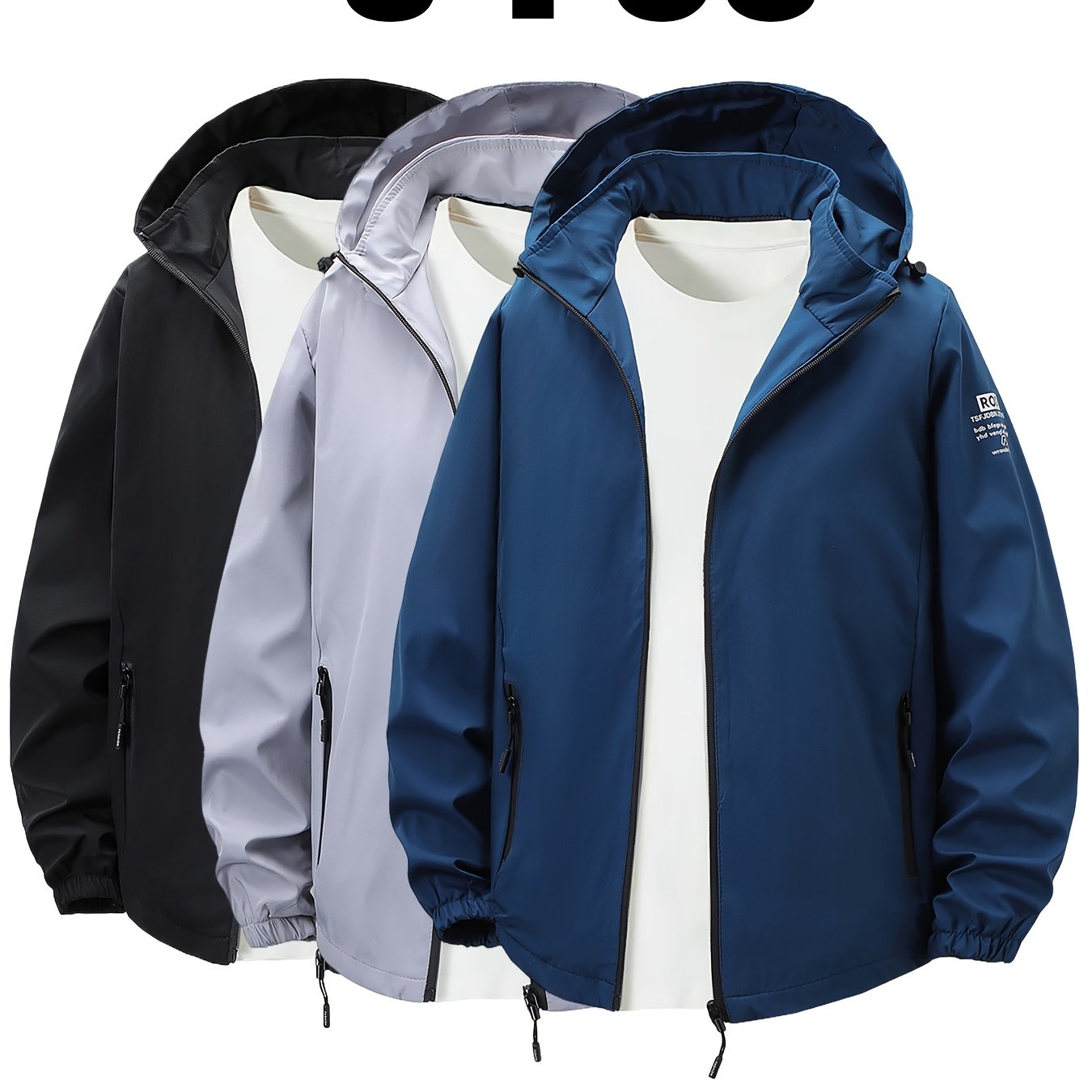 3pcs Men's Korean Style Casual Hooded Jackets Lightweight Polyester Zip Up Windbreaker with Pockets All Season Outdoor Hiking and Daily Wear Black Grey Navy Blue