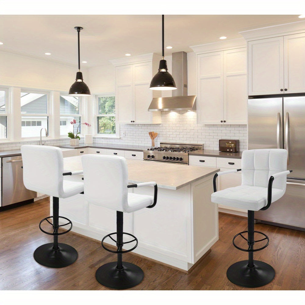 Bar Stools Set of 2 PU Leather Modern Swivel Bar Stools with Arms Adjustable Height Barstools for Kitchen Island White and Black Base