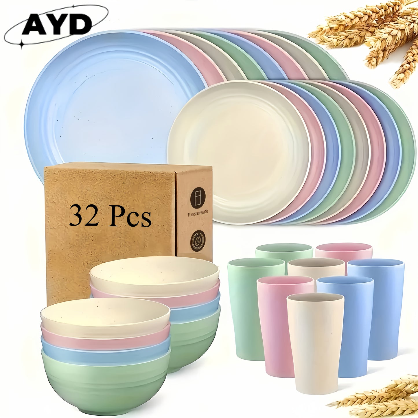 AYD Wheat Straw Dinnerware Set Service For 8 Dishwasher Safe