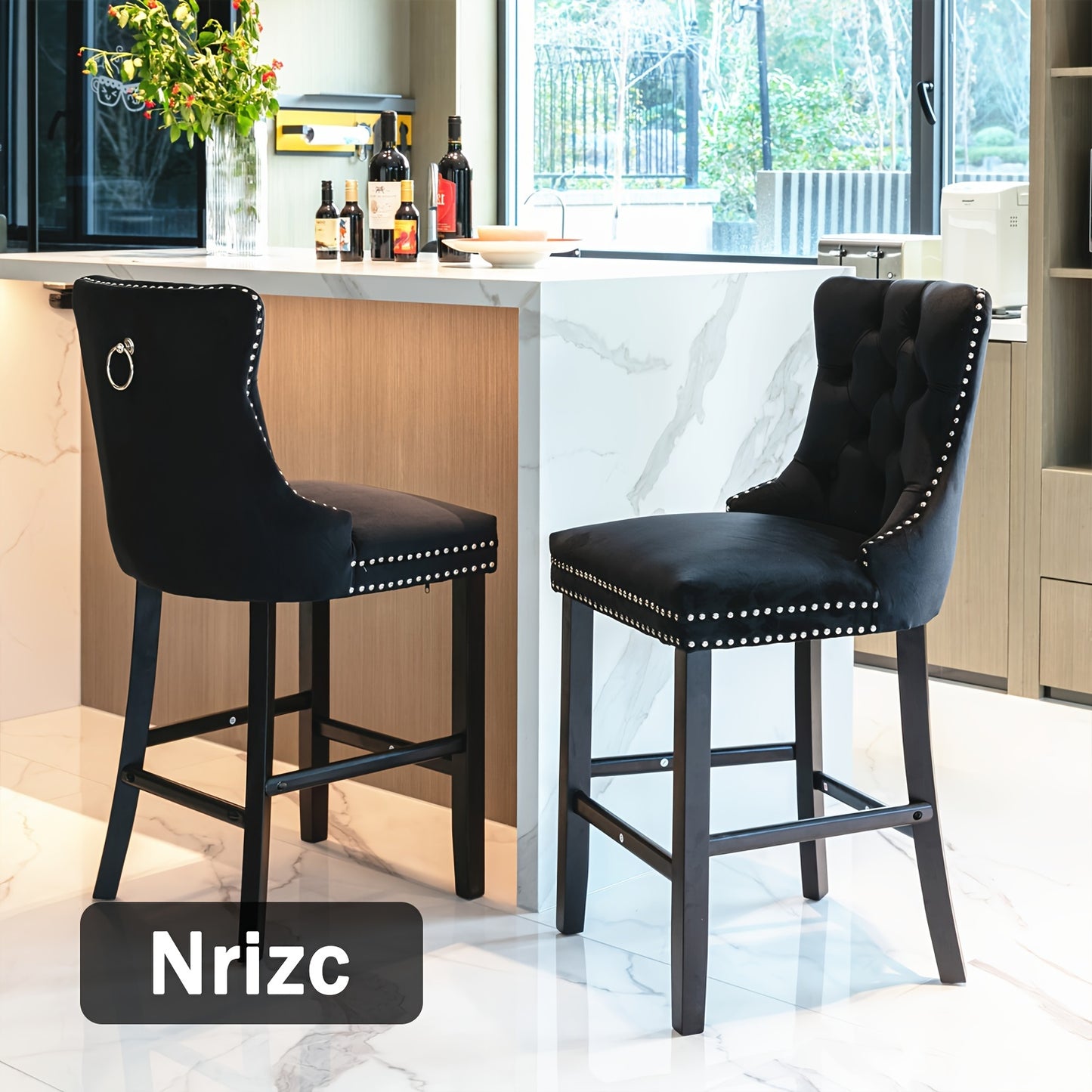 Nrizc Velvet Padded Bar Stools With Button Nailhead