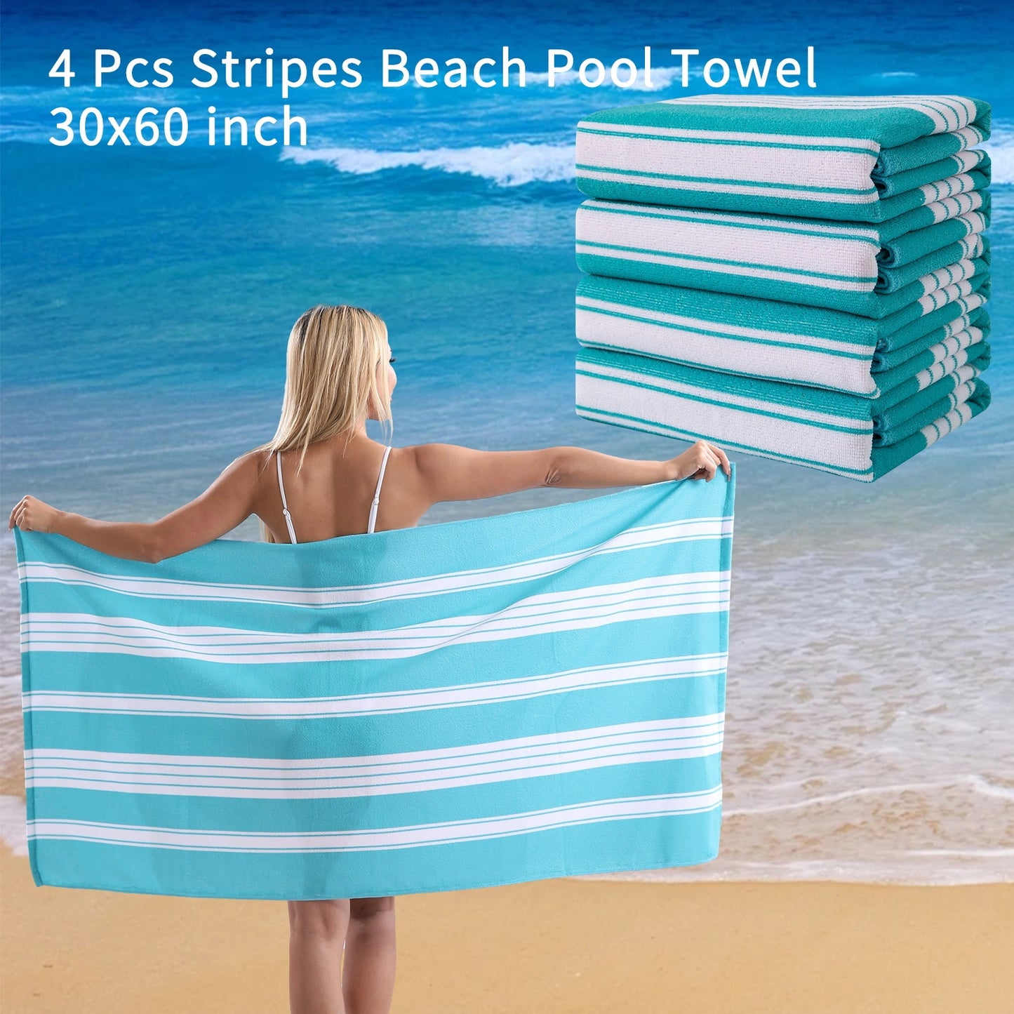 4 Piece Sand Free Stripe Beach Towel Set Quick Dry Pool Towel Swimming Bath Towel Ultra Soft Highly Absorbent Lightweight Towel For Adults Men Women Multi Purpose Towel Blanket For Bathroom Yoga Sports Travel Camping