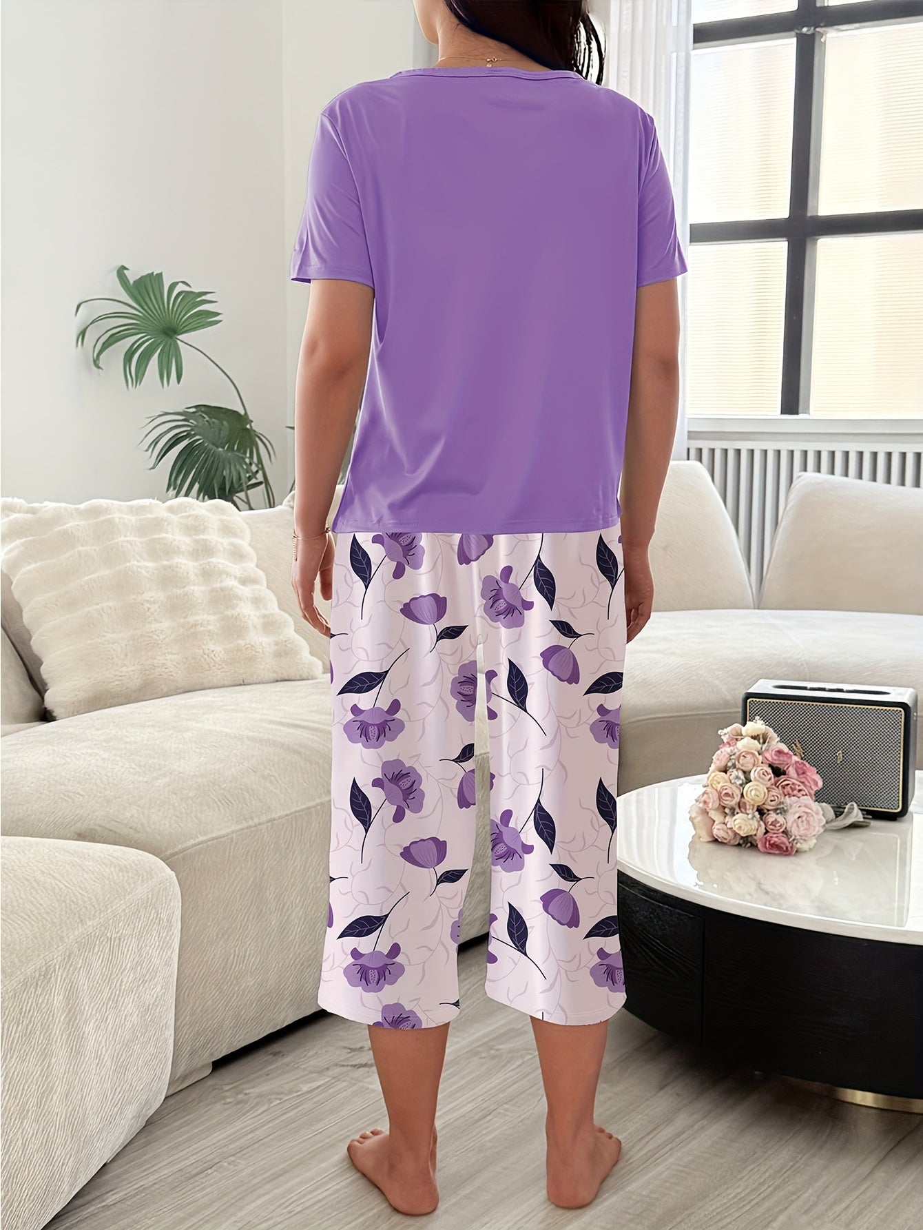 Chic Casual 3/4 Sleeve Floral Pajama Set for Women Plus Size