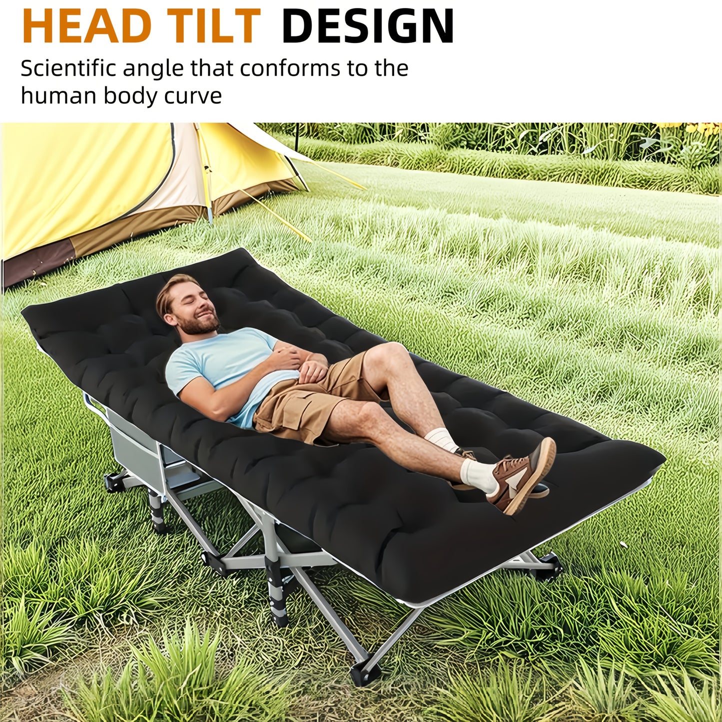 Portable Folding Camping Bed for Adults Lightweight Compact Outdoor Bed with Padded Carry Case Durable Iron Frame and Plush Navy Blue Fabric for Home Office Beach Travel and Outdoor Camping Bed