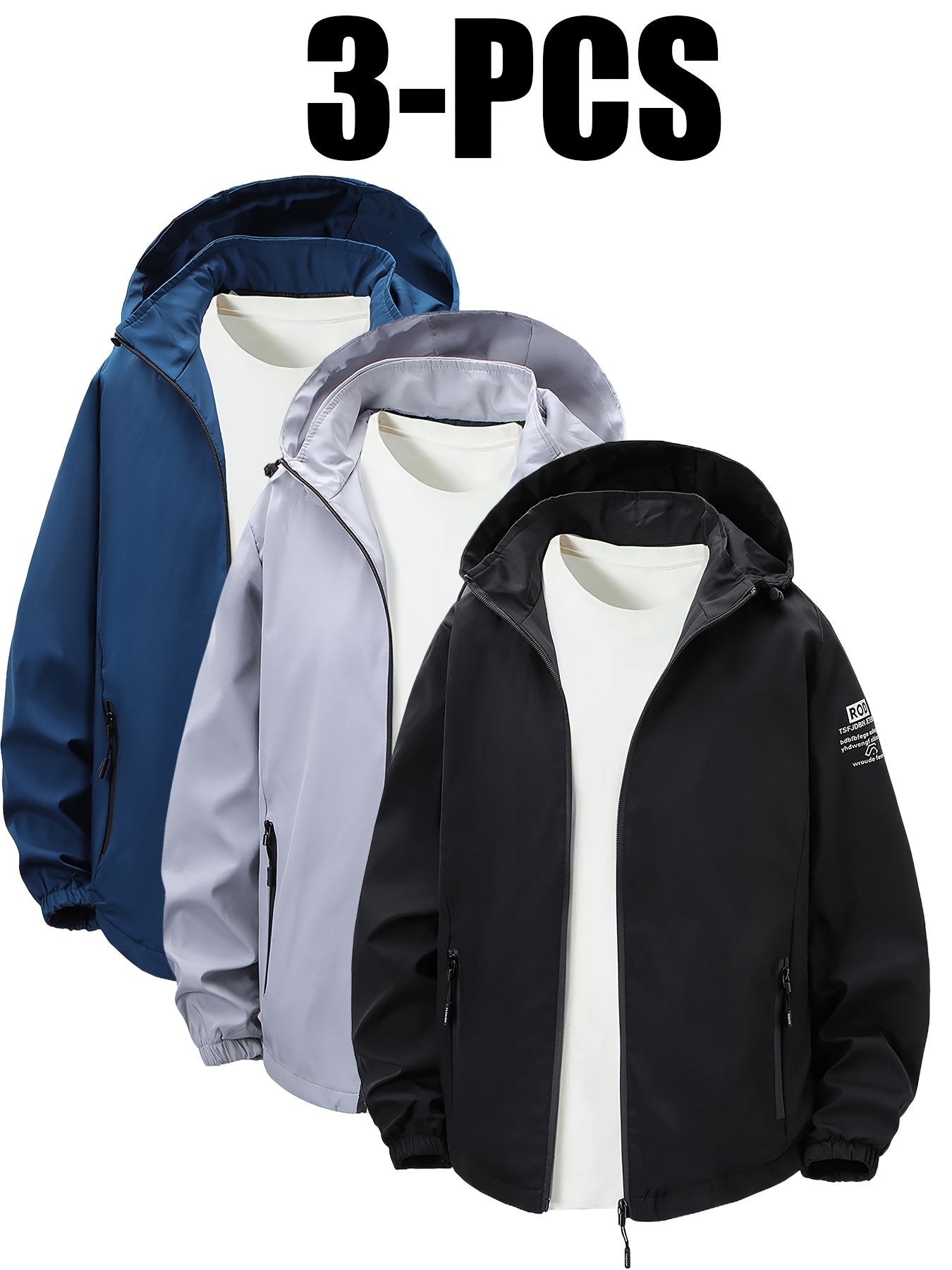3pcs Men's Korean Style Casual Hooded Jackets Lightweight Polyester Zip Up Windbreaker with Pockets All Season Outdoor Hiking and Daily Wear Black Grey Navy Blue