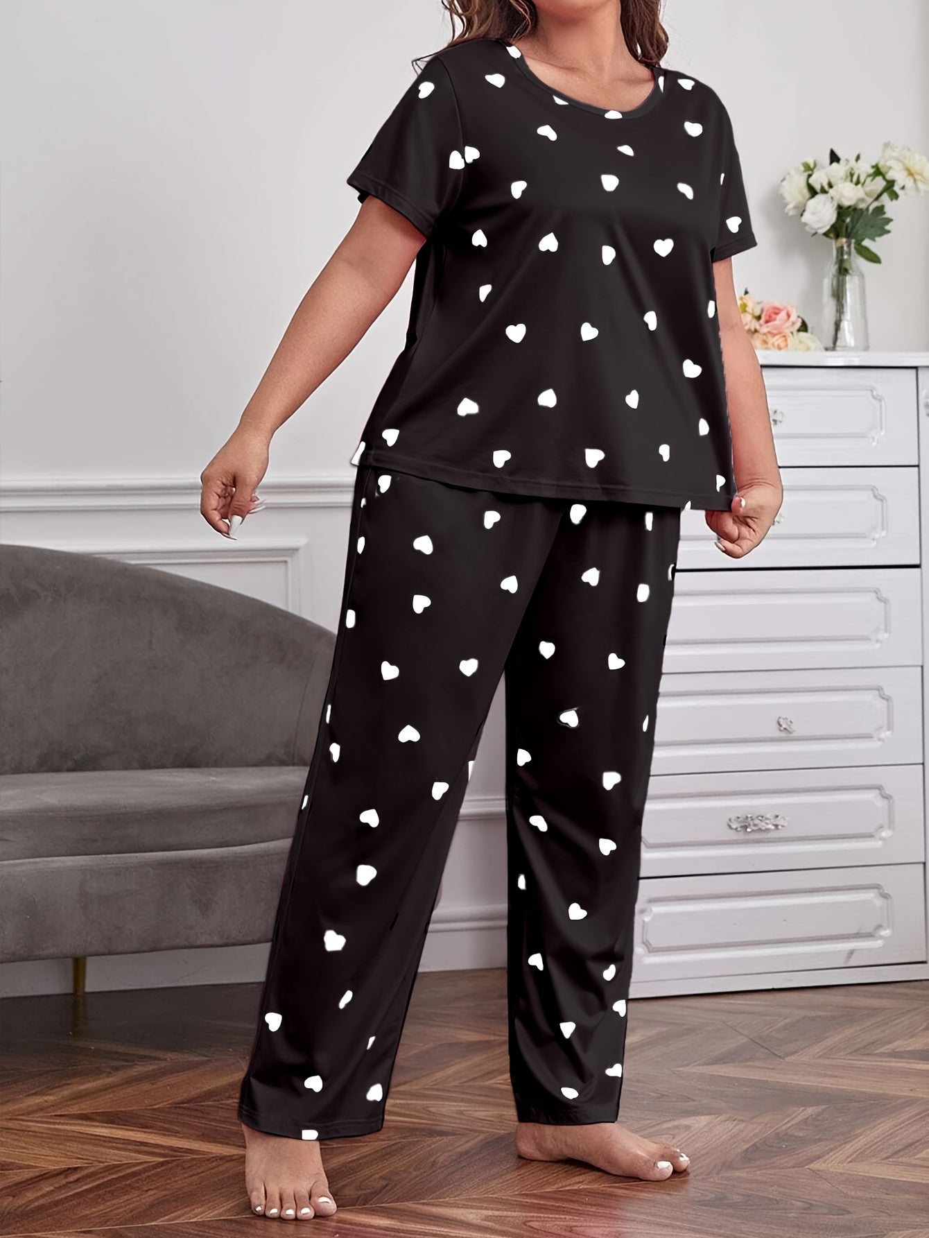 Pajama Sets For Women Loose Casual Heart Print Comfort Fit