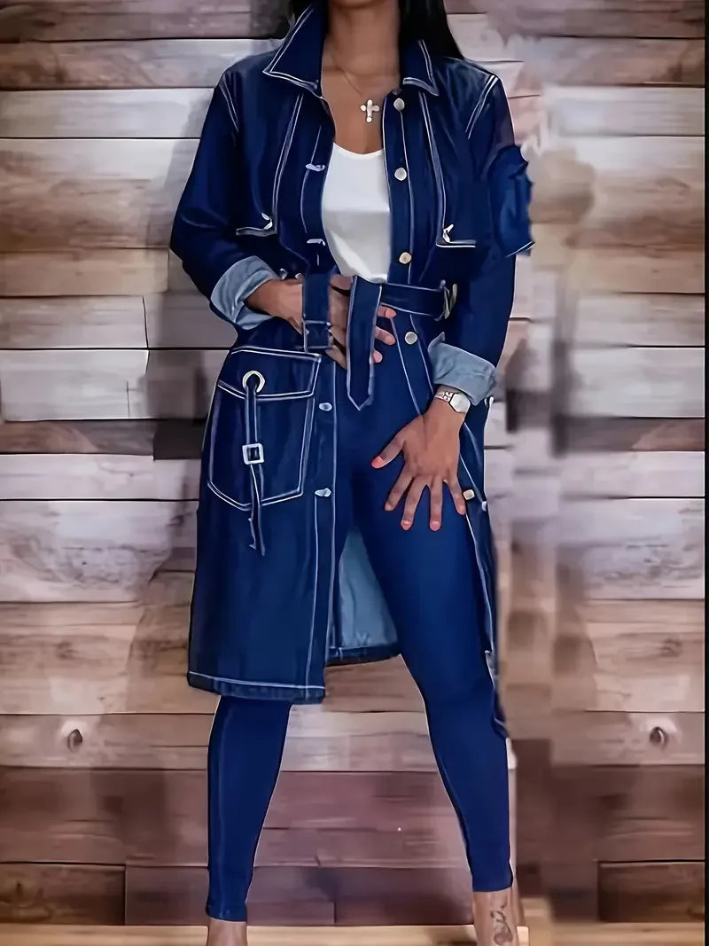 Deals to Love Denim Trench Coat Belted Long Outerwear Women