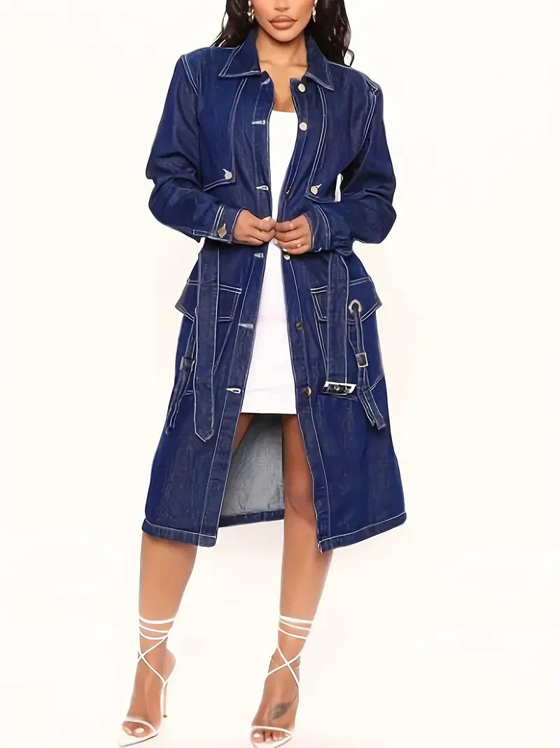 Deals to Love Denim Trench Coat Belted Long Outerwear Women
