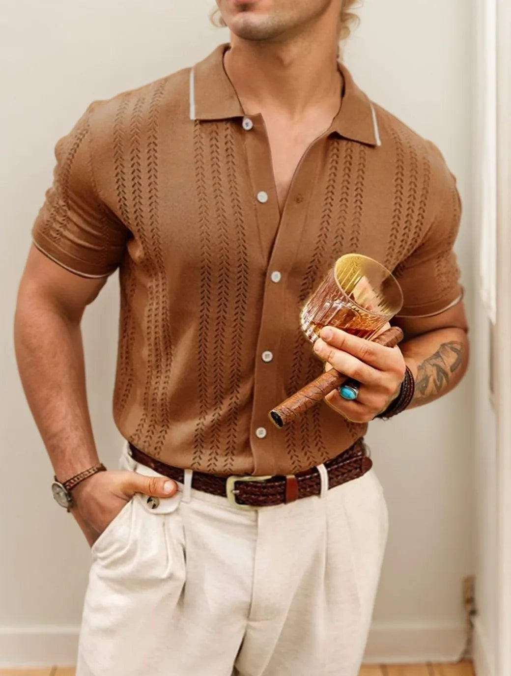 Men's Hollow Out Casual Button Up Knit Sweater Lightweight Breathable Stylish Design for Various Occasions