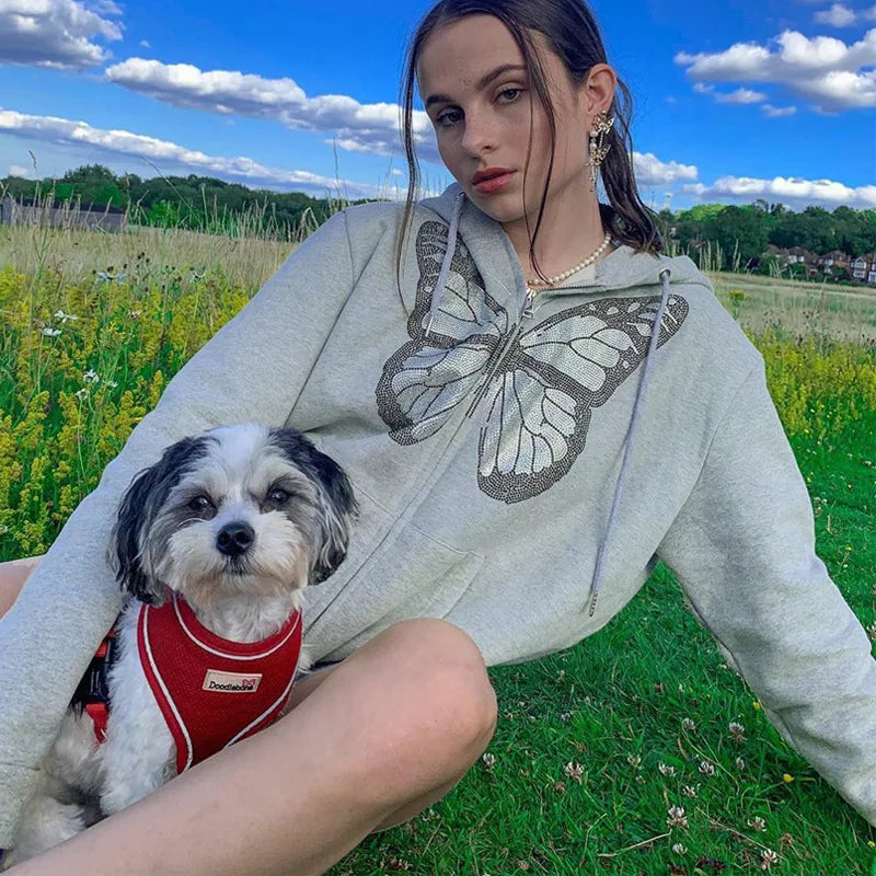 Deals To Love Grunge Butterfly Print Oversize Zip Up Hoodie