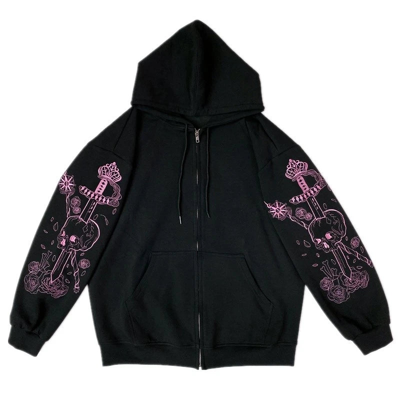 Deals To Love Grunge Butterfly Print Oversize Zip Up Hoodie