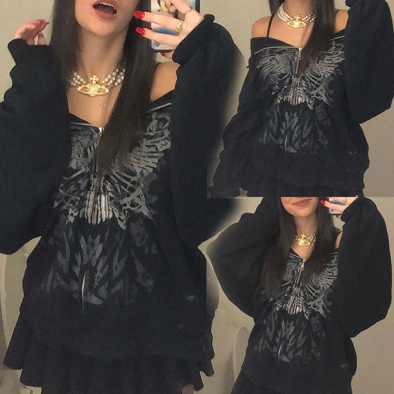Deals To Love Grunge Butterfly Print Oversize Zip Up Hoodie