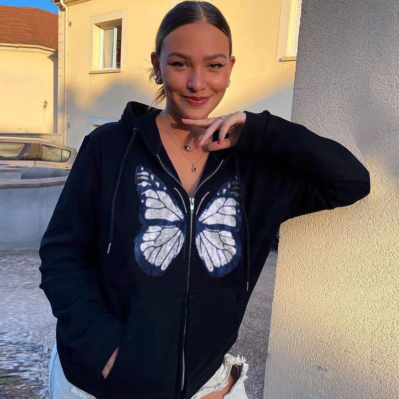 Deals To Love Grunge Butterfly Print Oversize Zip Up Hoodie