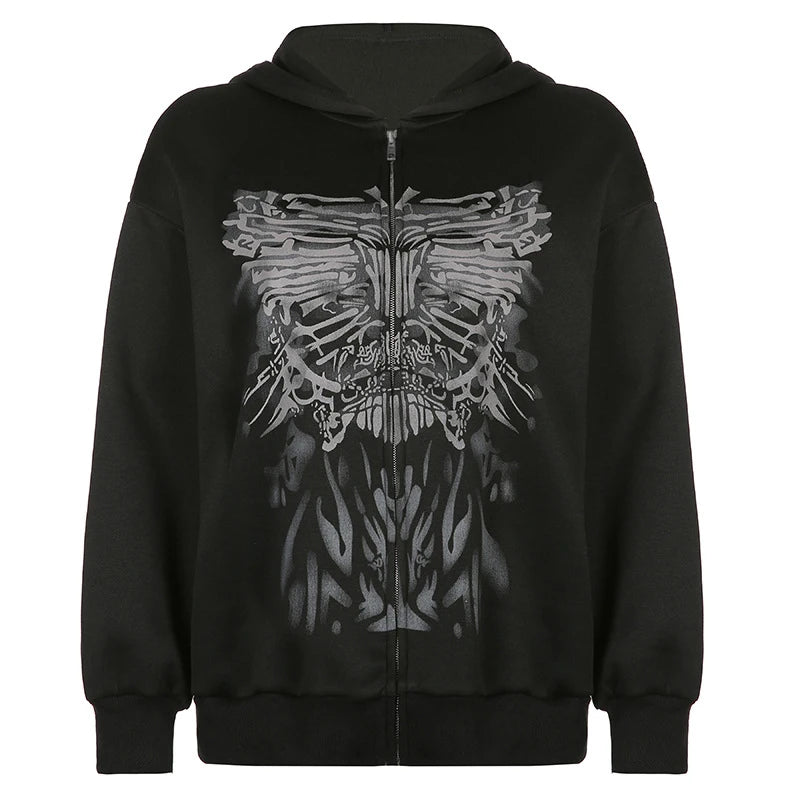 Deals To Love Grunge Butterfly Print Oversize Zip Up Hoodie