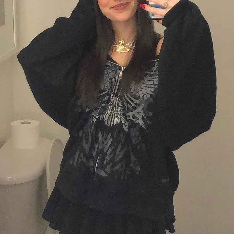 Deals To Love Grunge Butterfly Print Oversize Zip Up Hoodie
