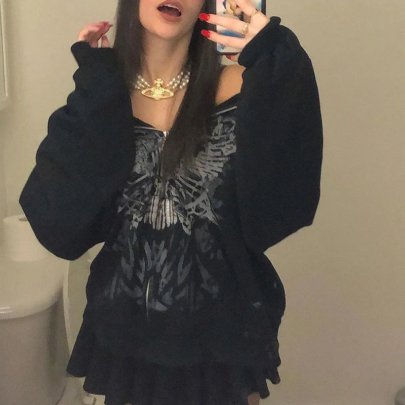 Deals To Love Grunge Butterfly Print Oversize Zip Up Hoodie