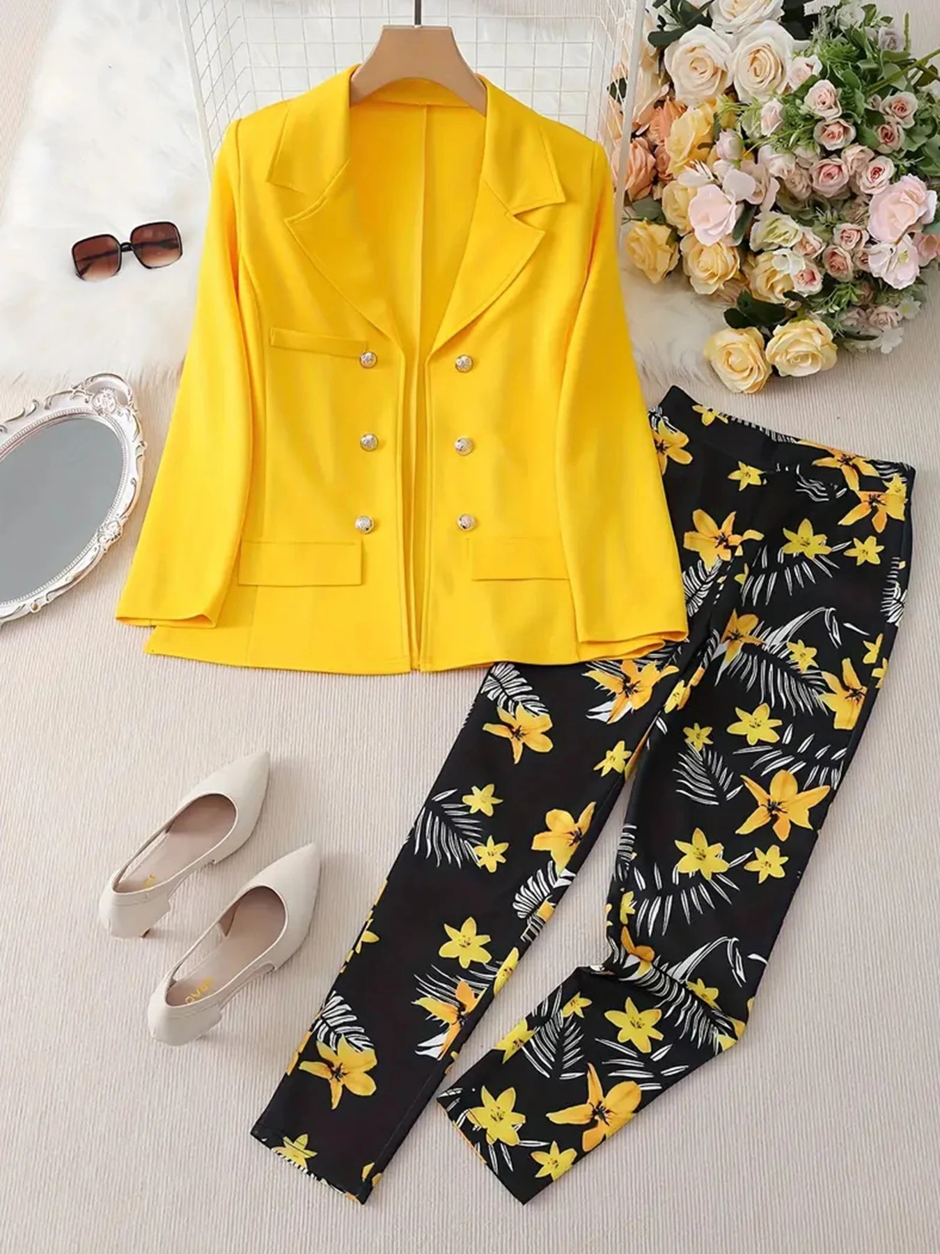 Womens Floral Print Two Piece Suit Set With Jacket