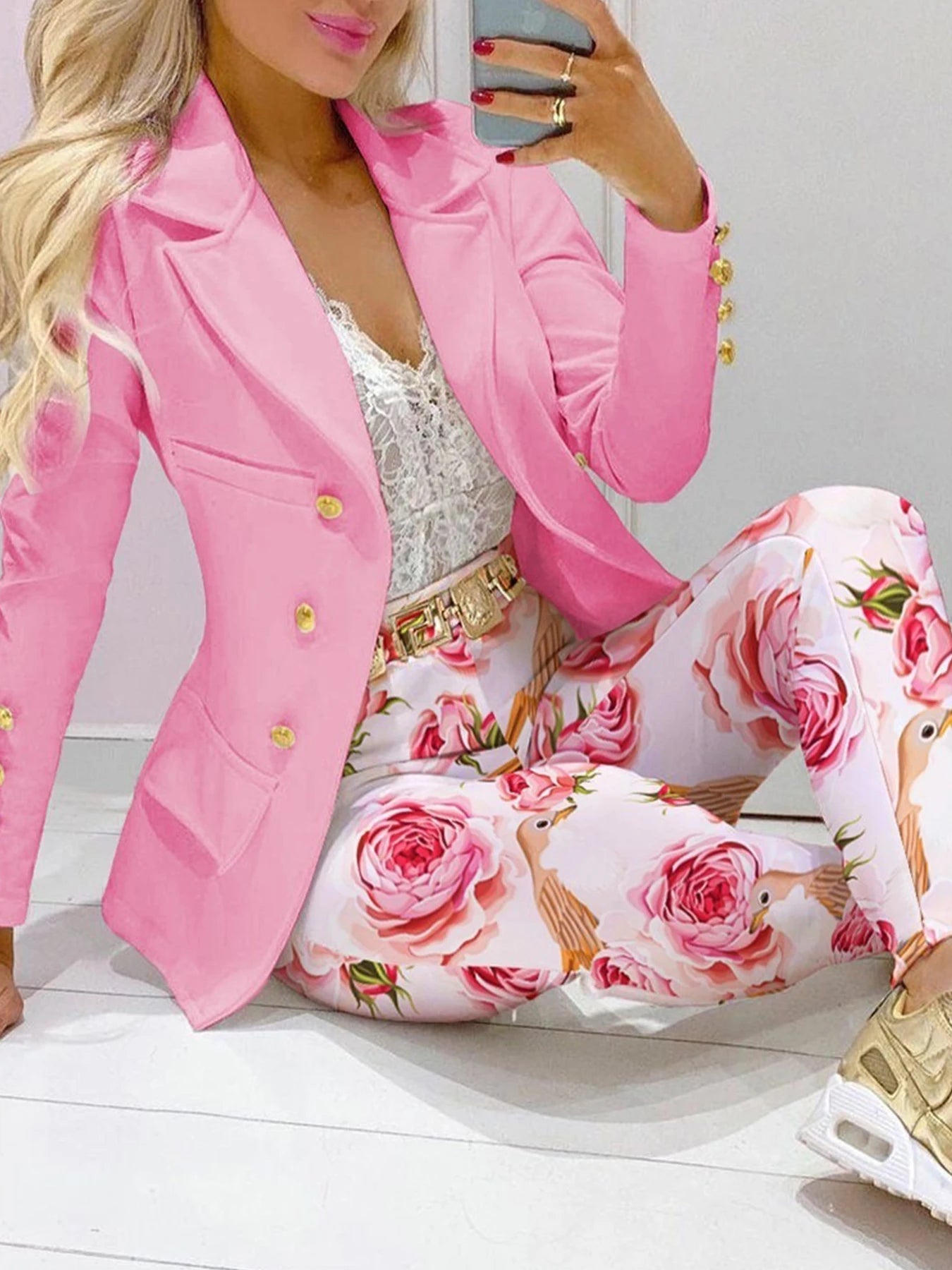 Womens Floral Print Two Piece Suit Set With Jacket