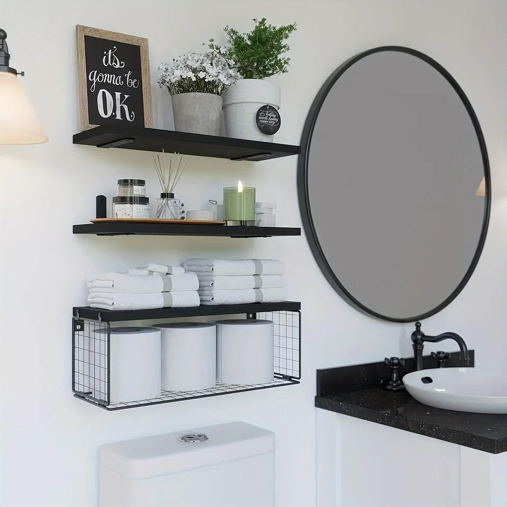 Wall Mounted Floating Shelves 3 Set Wood Bathroom Shelves