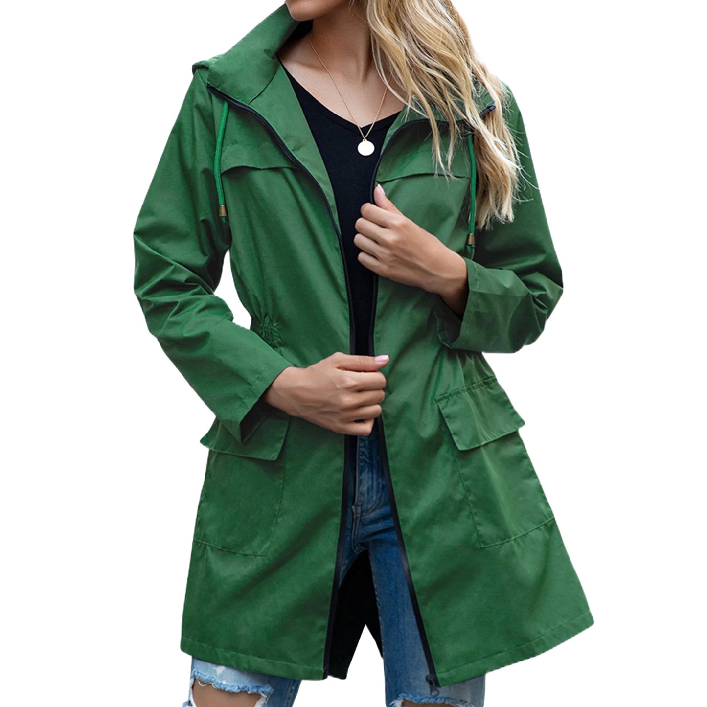 Women Waterproof Lightweight Rain Jacket Outdoor Windproof Trench Coat Pockets