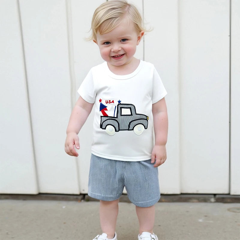 Cute Toddler Boy s 4th of July Set with Truck Embroidery Tee