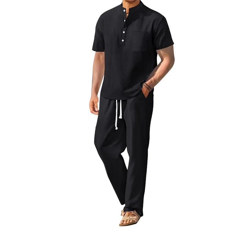Men's Casual 2 Piece Henley Outfit With Drawstring Pants Set