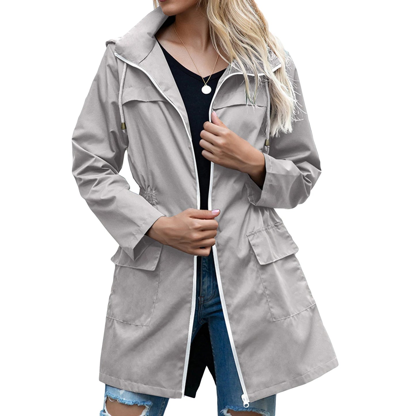 Women Waterproof Lightweight Rain Jacket Outdoor Windproof Trench Coat Pockets