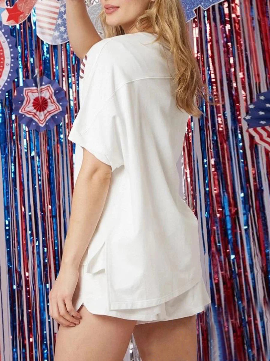 Women’s 4th of July Outfits Short Sleeve Round Neck Heart Print Tops Shorts Set