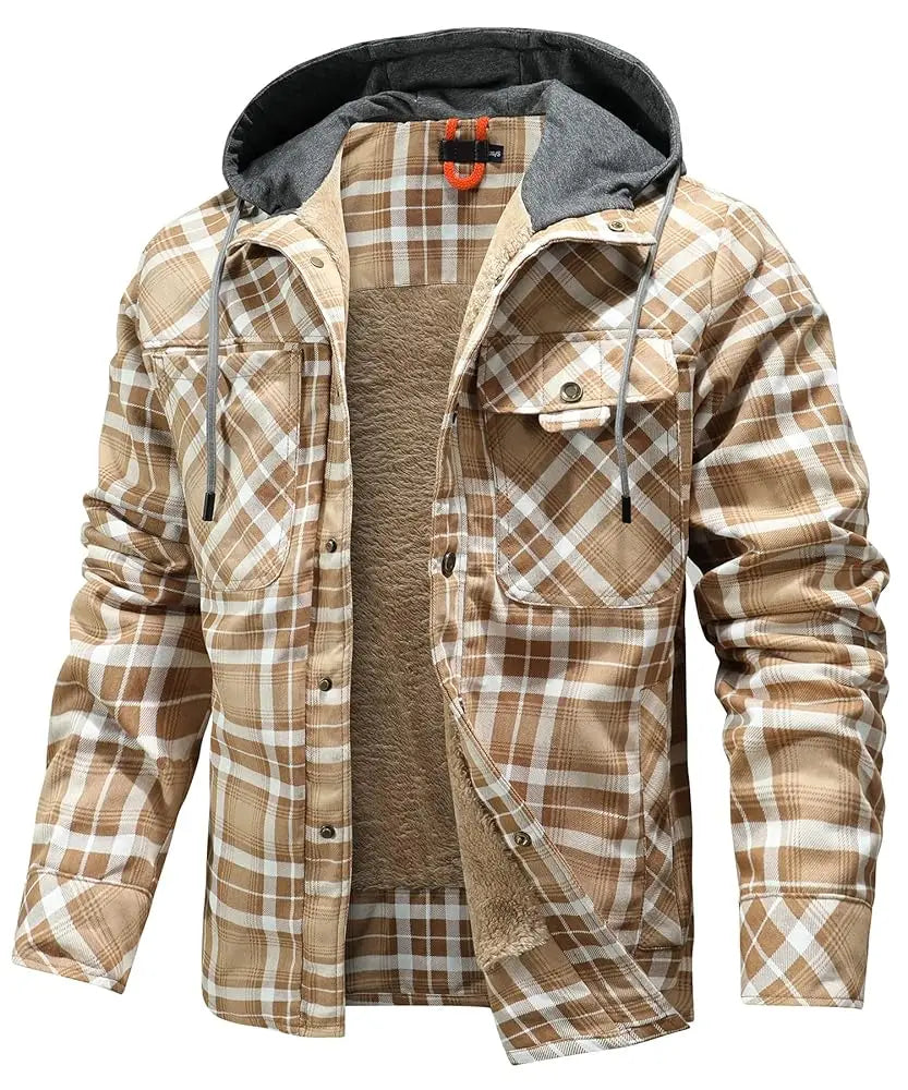 CN Fujian Winter Hooded Mens Jacket Plaid Sherpa Fleece