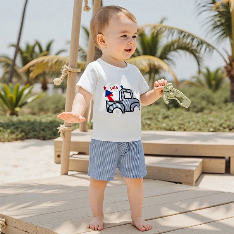 Cute Toddler Boy s 4th of July Set with Truck Embroidery Tee