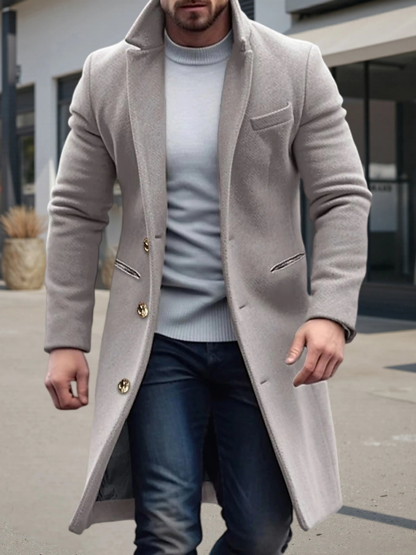 Men's Classic Wool Blend Pea Coat with Notched Lapel
