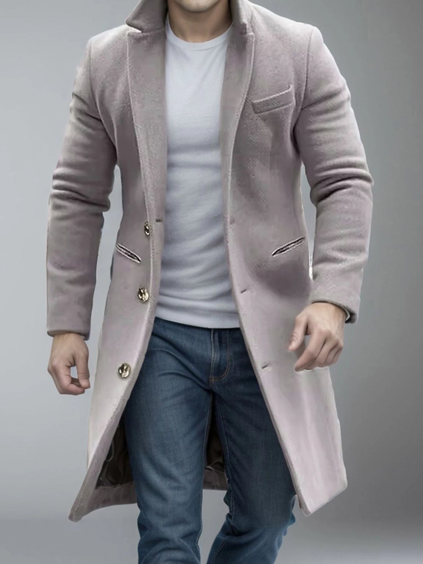 Men's Classic Wool Blend Pea Coat with Notched Lapel