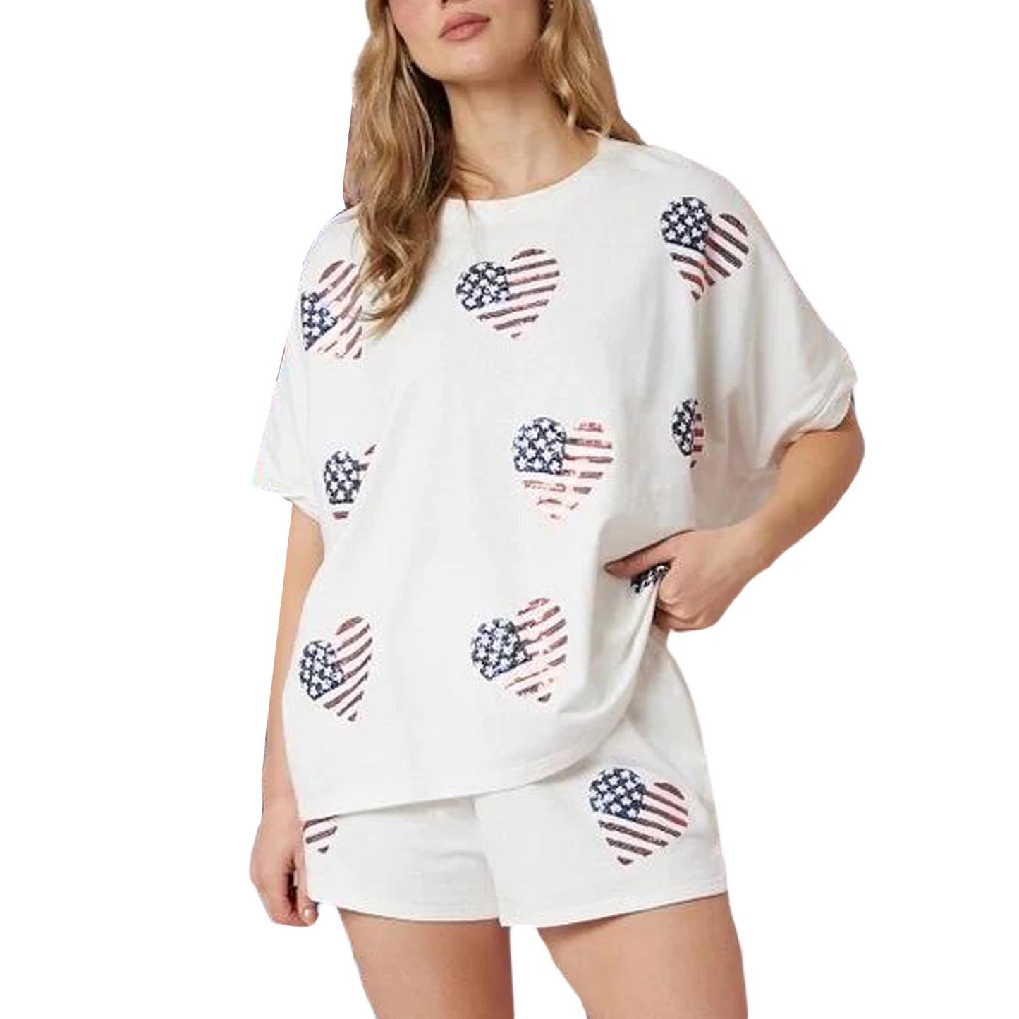 Women’s 4th of July Outfits Short Sleeve Round Neck Heart Print Tops Shorts Set