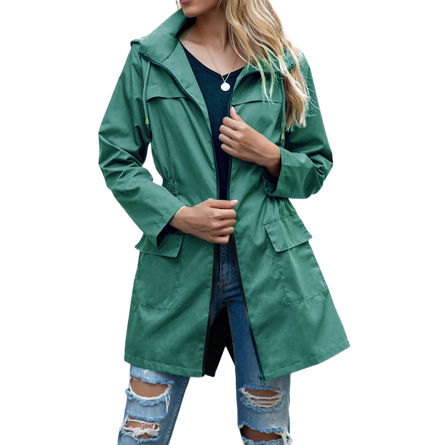 Women Waterproof Lightweight Rain Jacket Outdoor Windproof Trench Coat Pockets