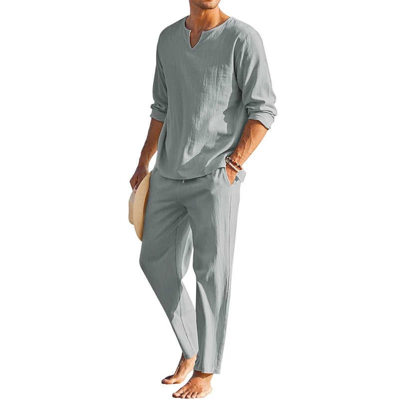 CN Guangdong Mens Summer Cotton Linen Loungewear Set 2 Pieces