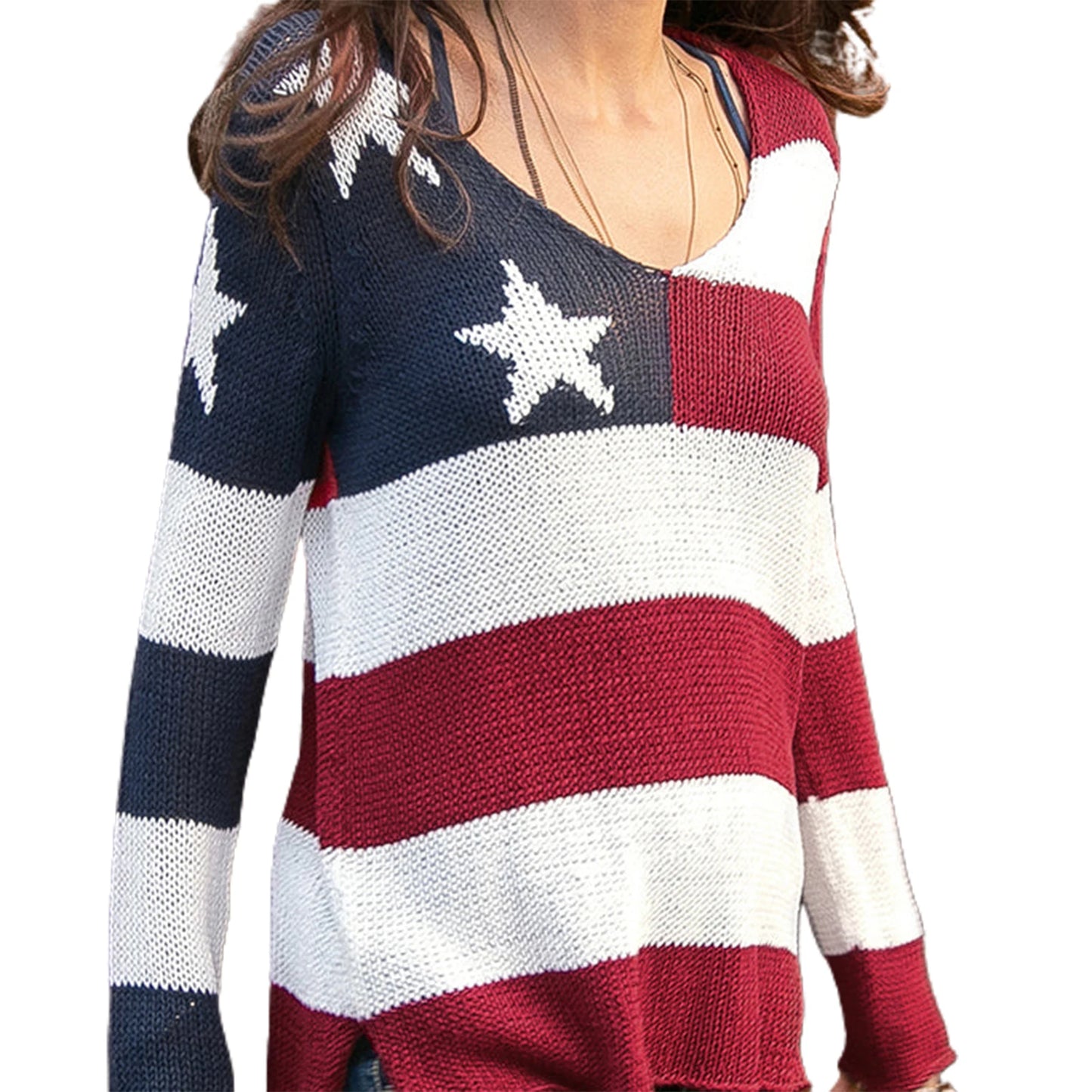 Women s 4th of July Knit Tops Flag Star Stripe Print Long Sleeve